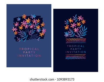 Concept hand drawn simple naive pattern with tropical leaves and flowers. Floral stock vector illustration for header, card, invitation, poster, cover and other web and print design projects 
