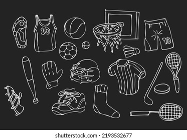 The concept of a hand drawn style background consisting of several visual elements such as sports equipment, mechanical equipment, plants and business signs.