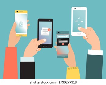 Concept hand hold mobile phone, modern communication life with smartphone isolated on blue, flat vector illustration. Online virtual technology phone call data exchange receiving message.