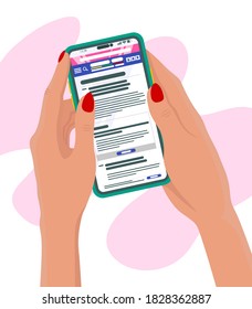 Concept hand hold mobile phone. Online reading news. News app on smartphone screen. Electronic mass media. 
