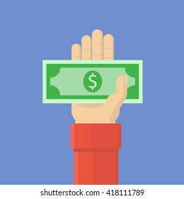 Concept hand keeps money. Receive, take, give money. Vector illustration.