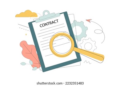 Concept hand magnifier and paper document. Analysis, audit, reading the contract. Search for information. Vector flat illustration isolated on white background
