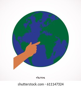 concept hand pointing earth globe.