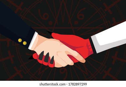 Concept of hand shaking between businessman and devil on dark background with magic circle. Deal for business and Handshake with the devil for sign contract. Going over to the side of evil. Vector