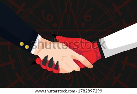 Concept of hand shaking between businessman and devil on dark background with magic circle. Deal for business and Handshake with the devil for sign contract. Going over to the side of evil. Vector