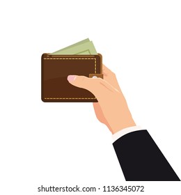 Concept with hand and wallet full of money. Online shopping. Pay per click. Money making. Isolated. Vector illustration. Cartoon style