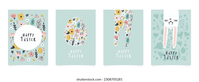 Concept for hand-drawn Happy Easter vector cards. Vertical cards with eggs, bunny and spring flowers	
