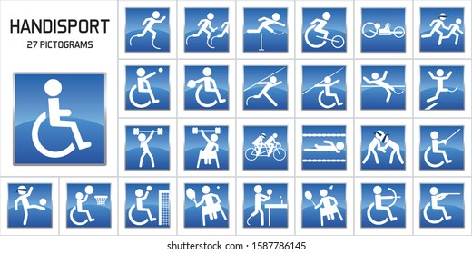 Concept of handicap and sports performance with pictograms representing the main handicapped sports at the Olympic games.