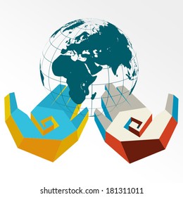Concept of hands with globe in colors of two opposing countries / Solid fill illustration in EPS 8 format