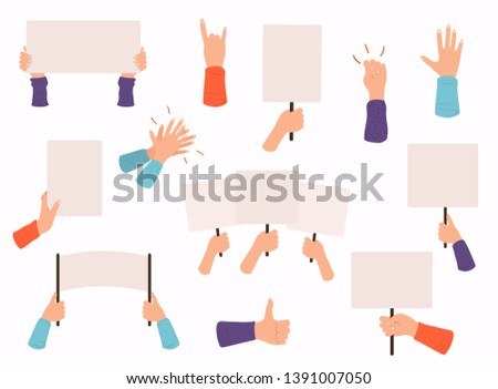 Concept of hands hold different banners, Blank vote placards and peace protest poster.