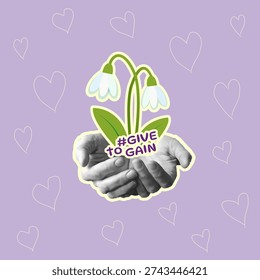 The concept of “Give to receive” – hands holding a snowdrop flower, an illustration of charity and kindness on a purple background with doodle-style hearts.