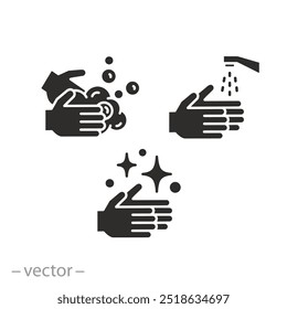 Konzept Hände Hygiene oder sauber. Schrittreinigungsprozess. Handwäsche infographisch. Symbolsatz. Anleitung, flache Vektorgrafik