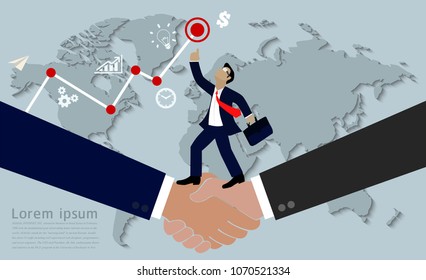 concept of handshake of businessmen to succeed quickly. and achieve the goal of the highest financial graph. teamwork banner  map icon. Creative idea and vector illustrations