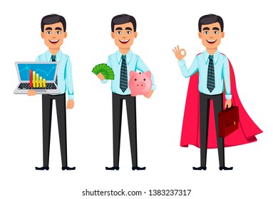 Concept of handsome confident smiling business man, set of three poses. Cartoon character businessman holds laptop, holds money and stands in superhero cloak. Vector illustration