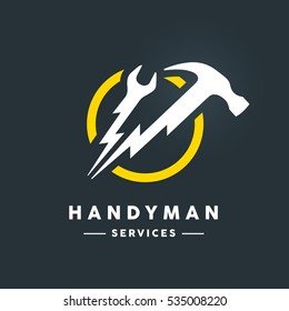 Concept handyman services logo with white abstract spanner and hammer flash tools in yellow circle icon on dark cool grey background. Vector illustration.