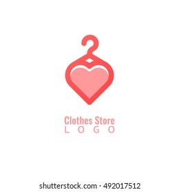 Concept of hanger with heart logotype. Clothes shop, store or fashion brand logo vector design.