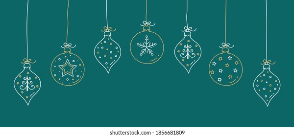 Concept of hanging Christmas balls with hand drawn ornaments. Vector