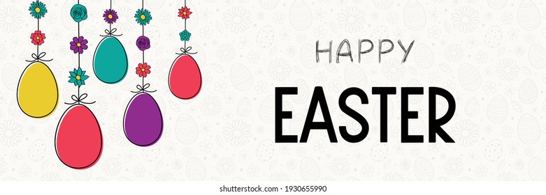 Concept of hanging Easter eggs. Banner with greetings. Vector