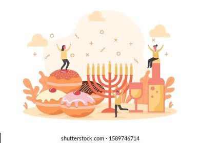 concept of Hanukkah holiday celebrate and decorate menorah with happy tiny people character, vector flat illustration for web, landing page, ui, banner, editorial, mobile app and flyer.