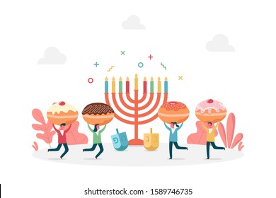 concept of Hanukkah holiday celebration with happy tiny people holding doughnuts near menorah, vector flat illustration for web, landing page, ui, banner, editorial, mobile app and flyer.