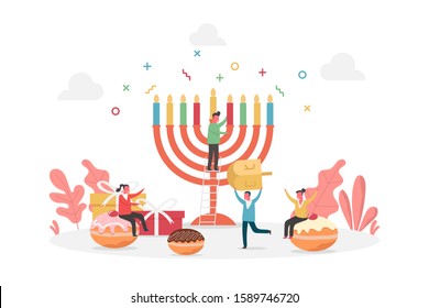 concept of Hanukkah holiday menorah decoration with happy tiny people character, vector flat illustration for web, landing page, ui, banner, editorial, mobile app and flyer.