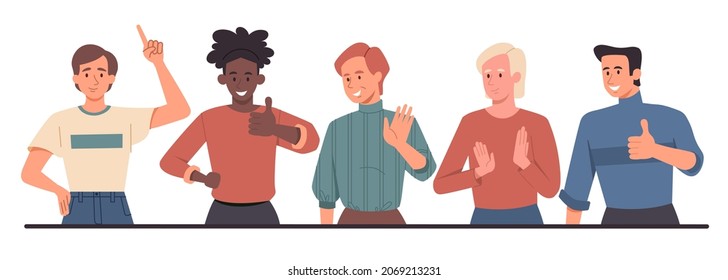 Concept of happiness emotions. Collection of characters that show confidence gestures. Set of friendly people. Positive emotions. Cartoon flat vector illustrations isolated on white background