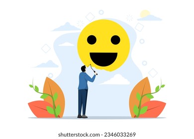 concepto de Felicidad y pensamiento positivo, optimismo o motivación para una vida feliz, hombre feliz subiendo escaleras para pintar la cara de risa en la pared. ilustración vectorial plana en un fondo blanco.