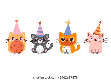 Concept happy birthday doodle cats set. Birthday party funny character cats 