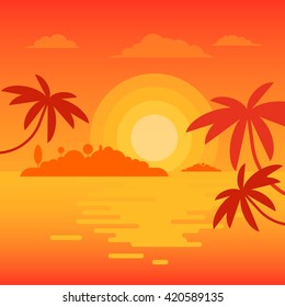 The concept of happy calm traveling to the lonely ocean islands. Beautiful colorful sunset or sunrise in the sea, surrounded by tropical palms. Vector illustration and art. 