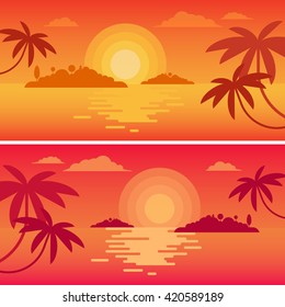 The concept of happy calm traveling to the lonely ocean islands. Beautiful colorful sunset or sunrise in the sea, surrounded by tropical palms. Vector illustration and art. 