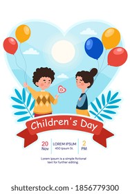 Concept Of Happy Childrens Day. Little Girl And Boy Holding Colorful Balloons. Cartoon Flat Vector Illustration With Fictional Characters