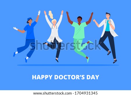 Concept of happy doctor's day. Multicultural group of people jumping with raised hands in various poses. Doctors, surgeons, nurses rejoicing together. Vector flat style.