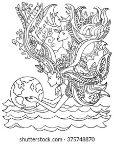 Concept Of Happy Earth Day, April 22, Ecology.  Human Holding Earth. Woman In Water With Floral Hair Holding Earth Doodle. Adult Anti Stress Coloring Book Page With Doodle And Zentangle Elements