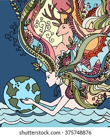 Concept of happy earth day, april 22, ecology. Cartoon vector illustration. Human holding earth. Woman with floral hair. Woman holding earth doodle. Woman in water