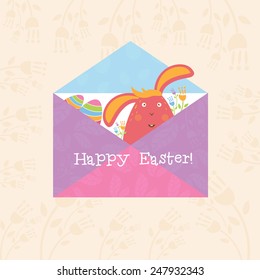Concept Happy Easter envelope with flowers,bunny and eggs. Vector