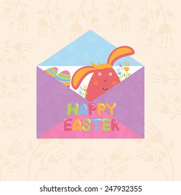 Concept Happy Easter envelope with flowers,bunny and eggs. Vector