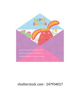 Concept Happy Easter envelope with flowers,bunny and eggs. Vector