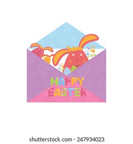 Concept Happy Easter envelope with flowers,bunny and eggs. Vector