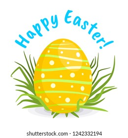 Concept of Happy Easter and spring. Colorful Easter egg on green grass, lettering with Easter wishes. Vector illustration in cartoon style.