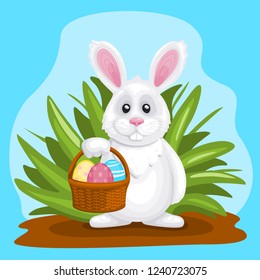 Concept of Happy Easter and spring. Cute rabbit holding basket with painted eggs. Vector illustration in cartoon style.