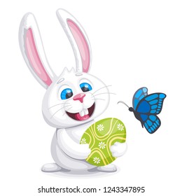 Concept of Happy Easter and spring. Cute rabbit holding big painted egg in hands. Vector illustration in cartoon style.