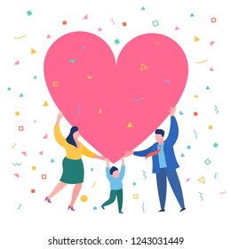 Concept of happy family. Happy family with big red heart. Dad mom and daughter hold a symbol of love. Flat design, vector illustration.