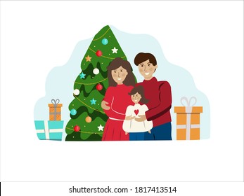 concept happy family at the christmas tree with gifts. Mom, dad and daughter in sweaters and smart clothes hug, rejoice and celebrate a family holiday. Vector illustration. Flat.