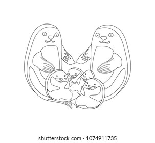 concept of happy family for coloring, wild animals on isolated background, for coloring