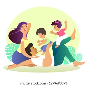 The concept of a happy family. Dad, mom and two small children are relaxing in nature. Vector illustration.