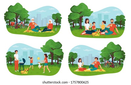 The concept of a happy family having a picnic in a city park spending time together outdoors. Young, adults, seniors, children with a picnic basket. Set of isolated cartoon vector illustrations.