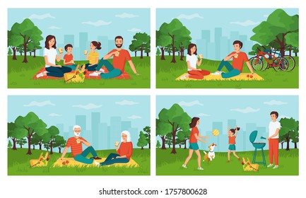 The concept of a happy family having a picnic in a city park, spending time outdoors together, active weekend. Young, adults, seniors, children with a picnic basket. Set of cartoon vector illustration