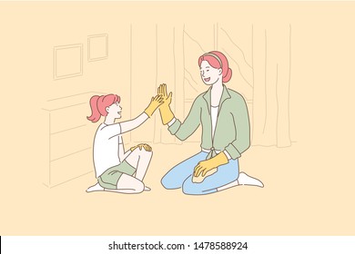 Concept of a happy family, housekeeping, child, parent. Young beautiful woman with her daughter clean, play, laugh at home. Simple flat vector.