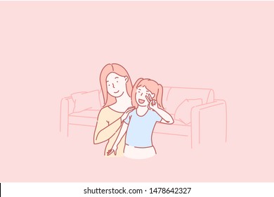 Concept happy family, love, parent and child relationship. Mother and child Daughter playing having fun together. Beautiful funny girl and mommy fun. Mothers day holiday. Simple flat vector.