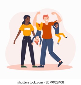 Concept of happy family. Man and woman playing with children. Mother and father having fun after work. Weekend, evening, strong character, entertainment, smiling. Cartoon flat vector illustration